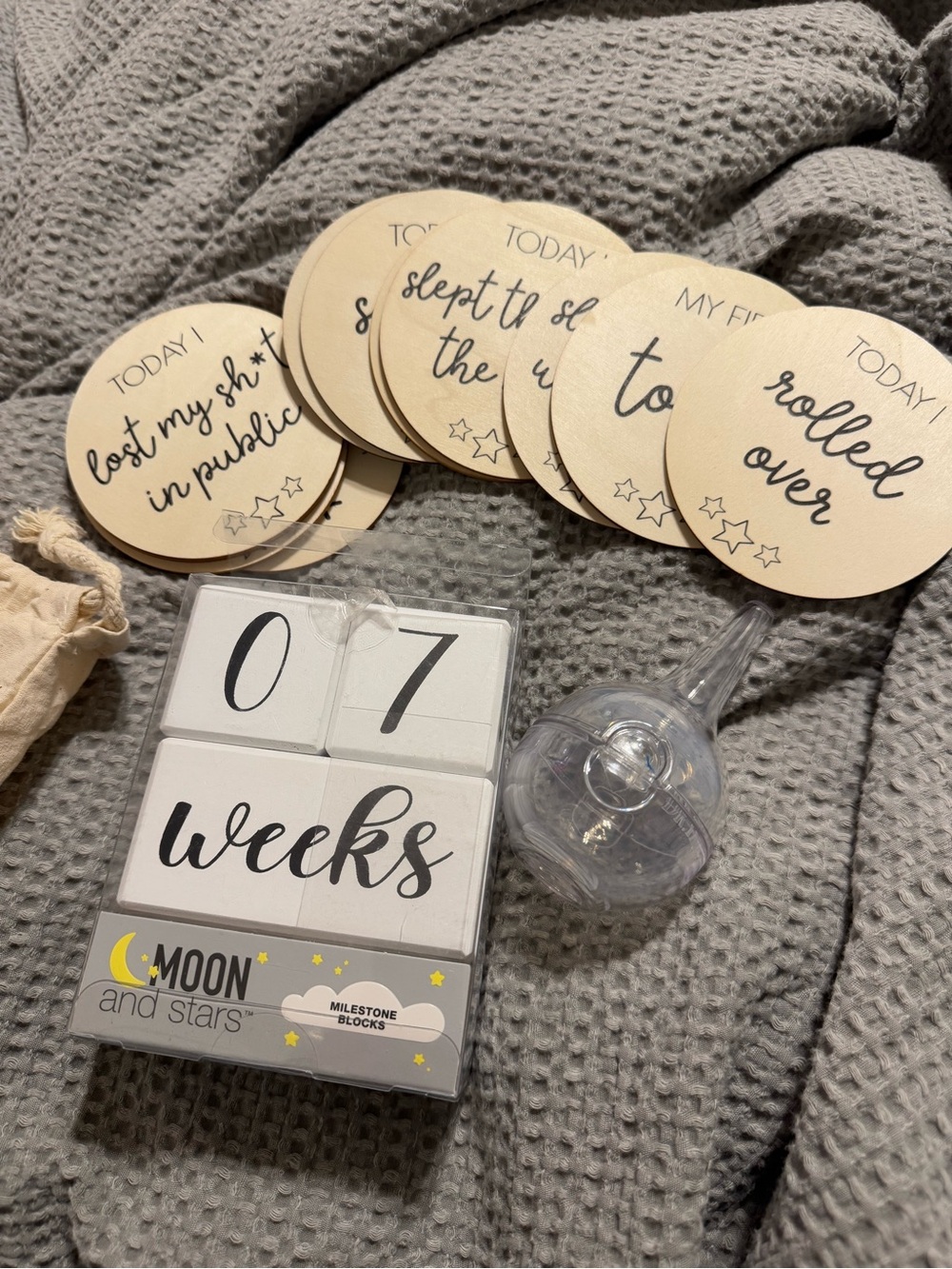 Baby Milestone Blocks, disc, and nasal bulb bundle